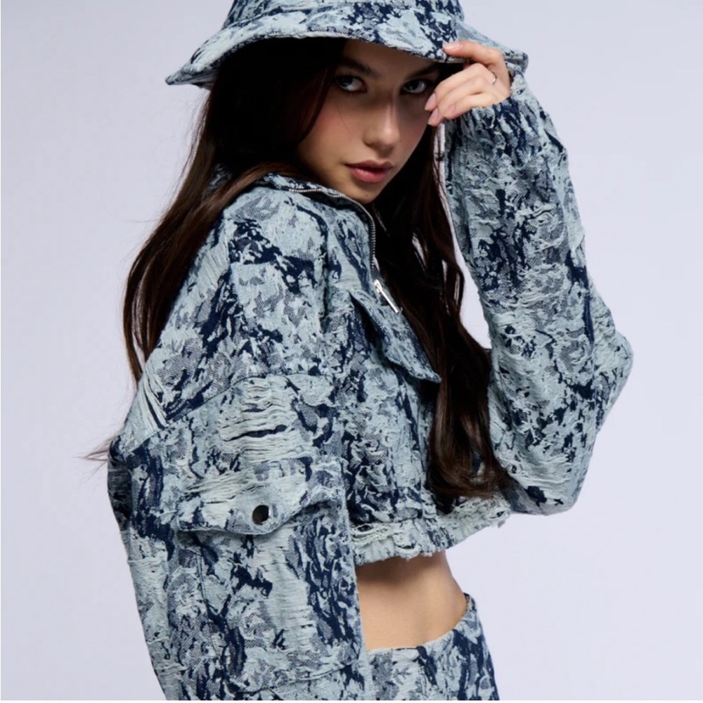 3 pcs NWOT. AKIRA Floral Denim Skirt Set includes Bucket Hat.